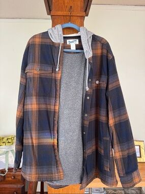 Duluth Trading Co Navy and Brown Plaid Hooded Flannel Shirt Jacket